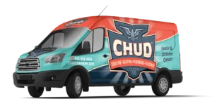 A branded CHUD service van features the company logo and text stating "Boiling • Heating • Plumbing • Electric" along with contact info and "Family & Veteran Owned!" on the side.