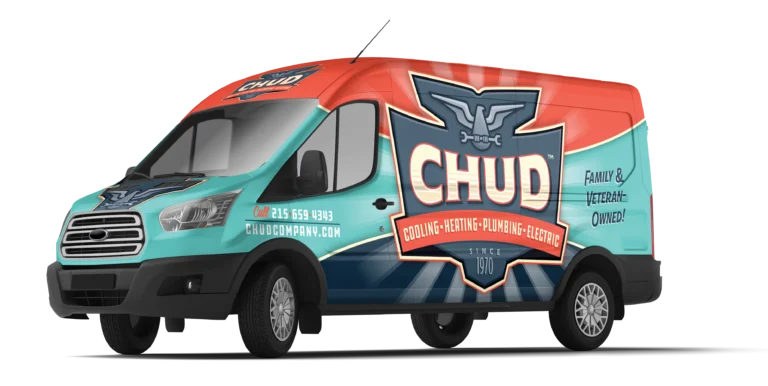 A branded CHUD service van features the company logo and text stating "Boiling • Heating • Plumbing • Electric" along with contact info and "Family & Veteran Owned!" on the side.